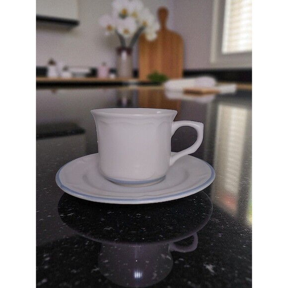 VTG Macy's The Cellar Odette Cup & Saucer Stoneware White w/Blue Trim 1980's - Picture 1 of 10